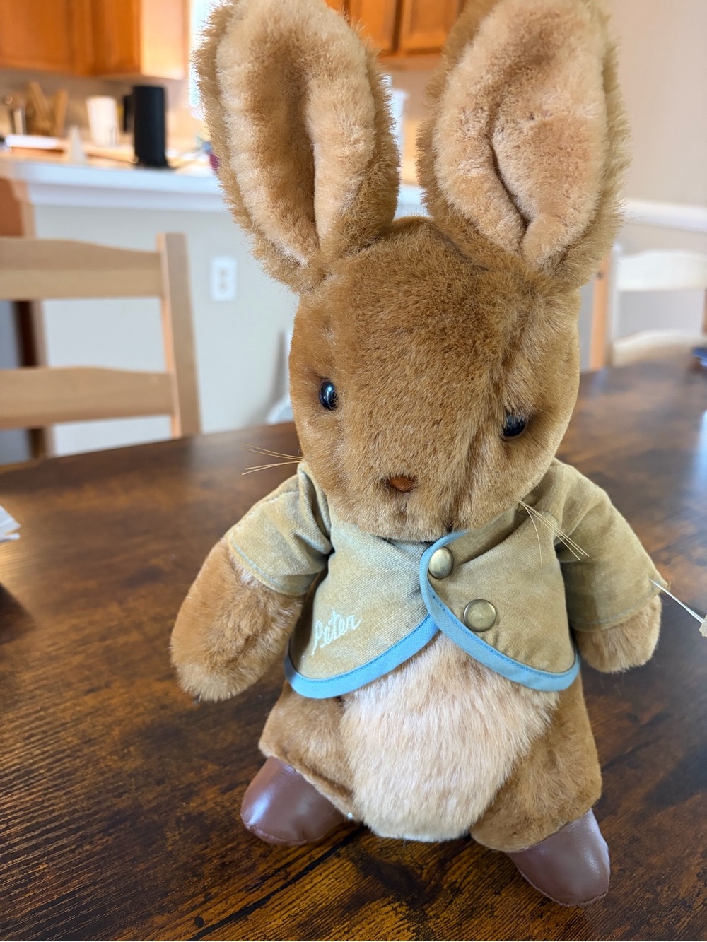 Plush Bunny Stuffed Animal in Tan with Blue Trim